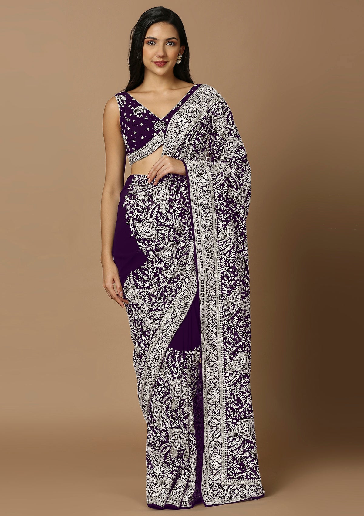 Purple & White Embroiderd Saree