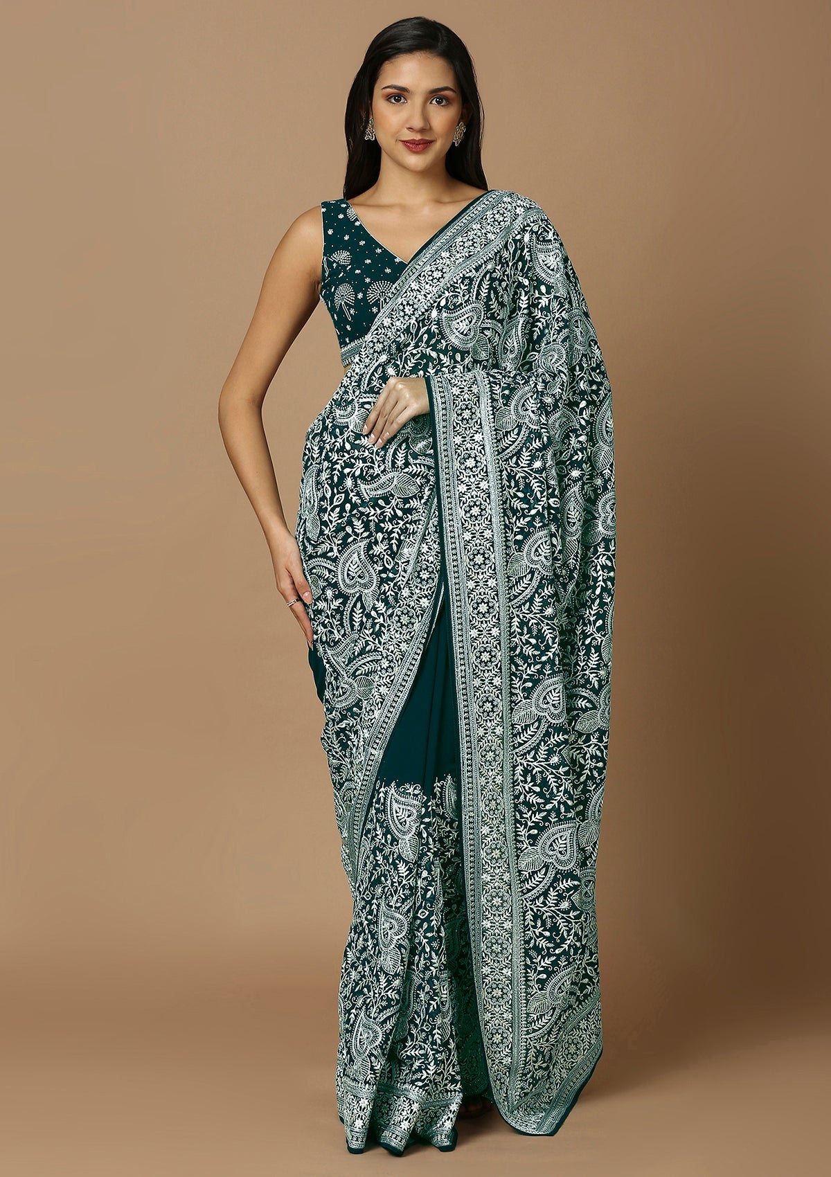 Teal & White Embroiderd Saree