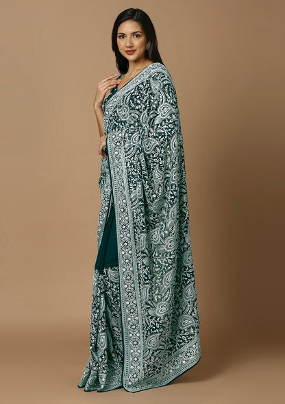 Teal & White Embroiderd Saree