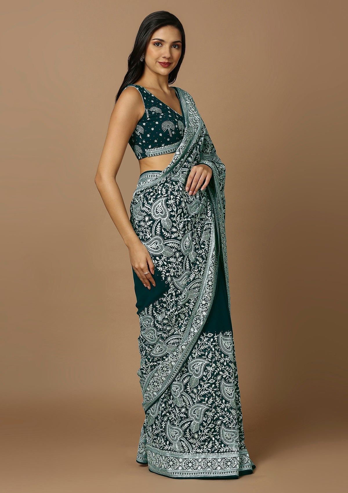 Teal & White Embroiderd Saree