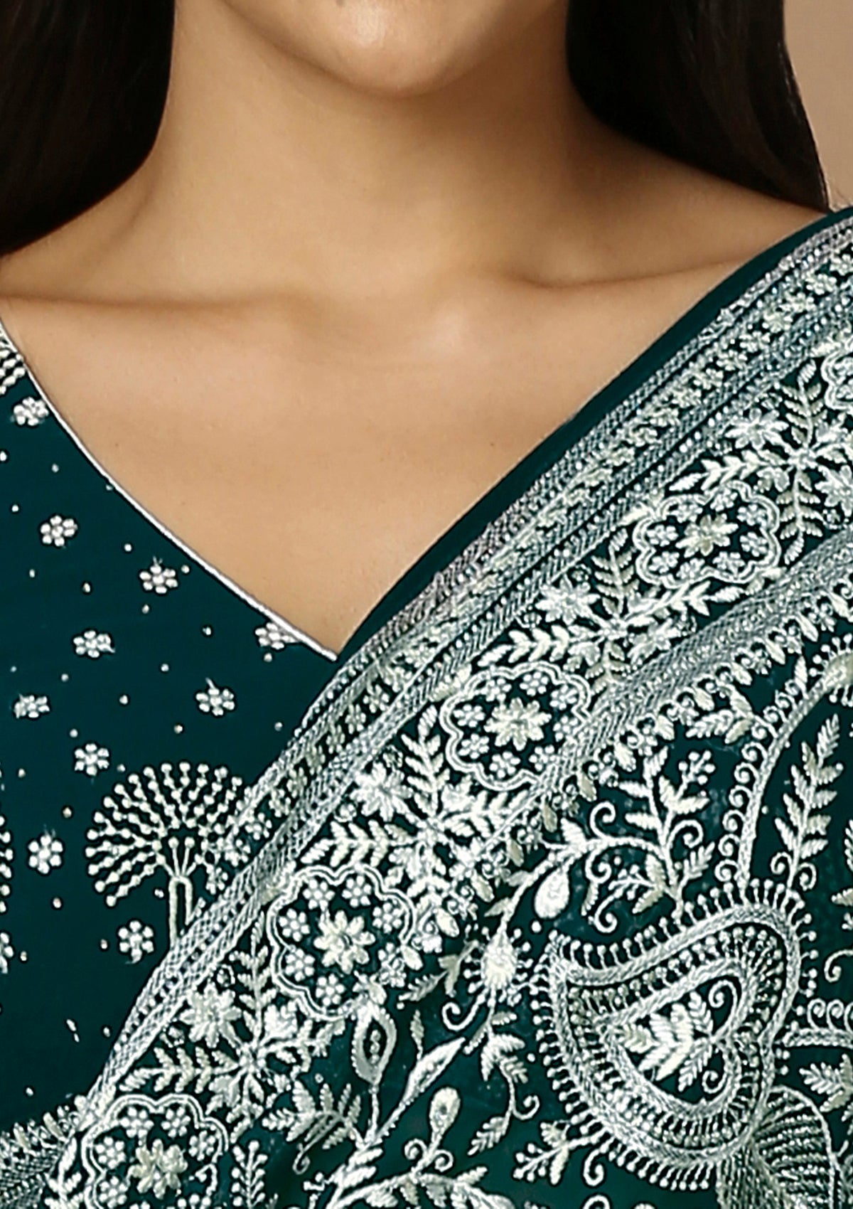 Teal & White Embroiderd Saree