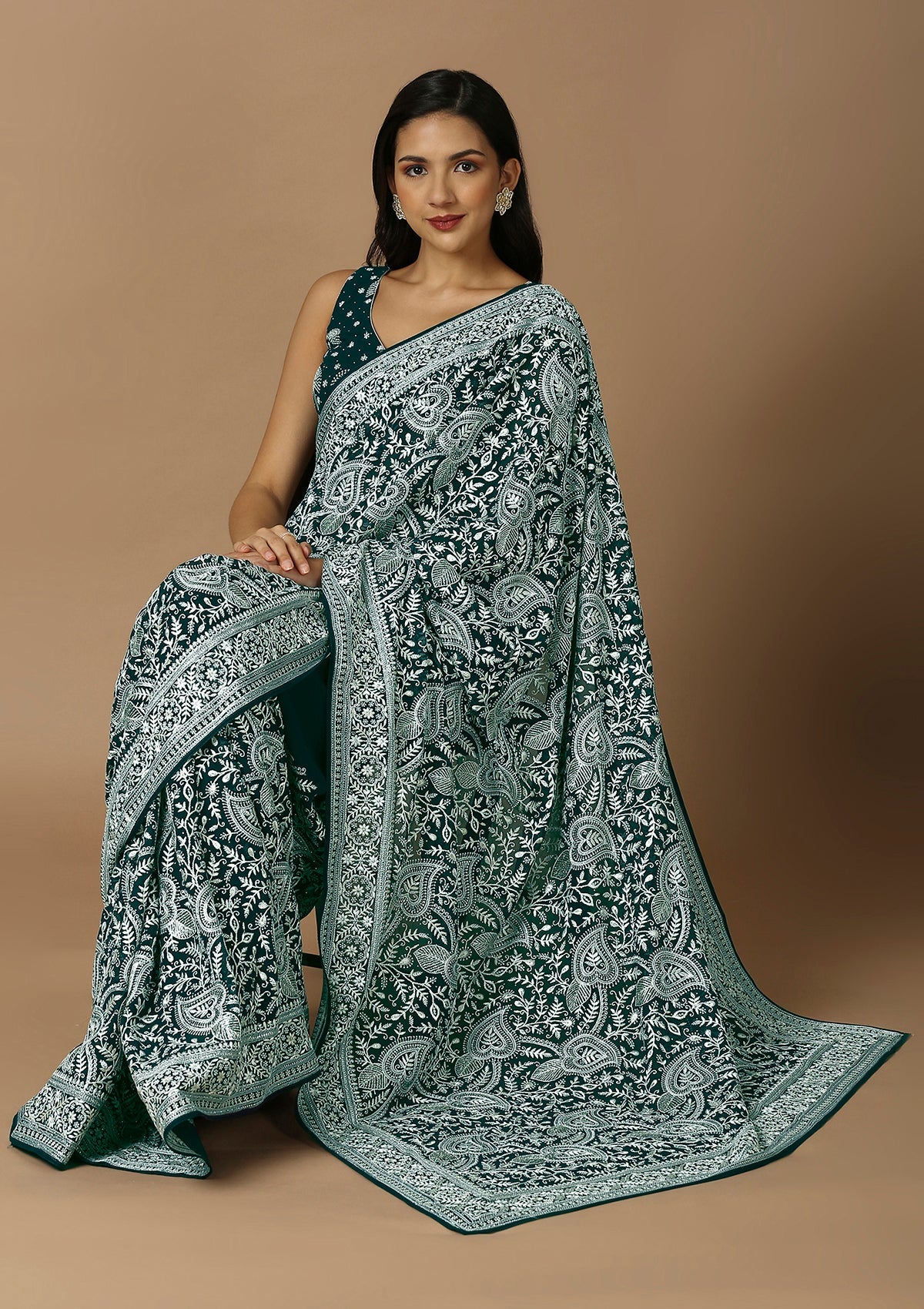 Teal & White Embroiderd Saree