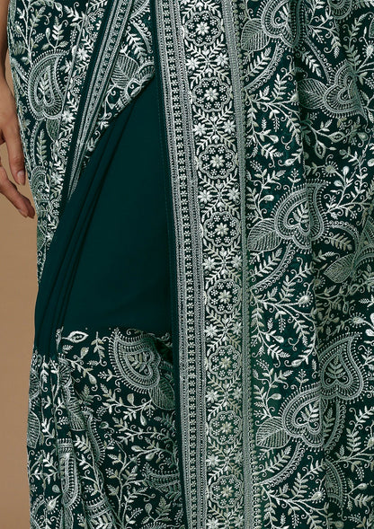 Teal & White Embroiderd Saree