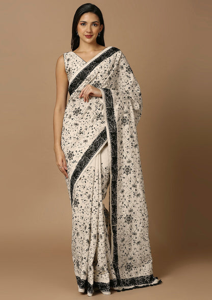 Off White & Black Embroidered Saree