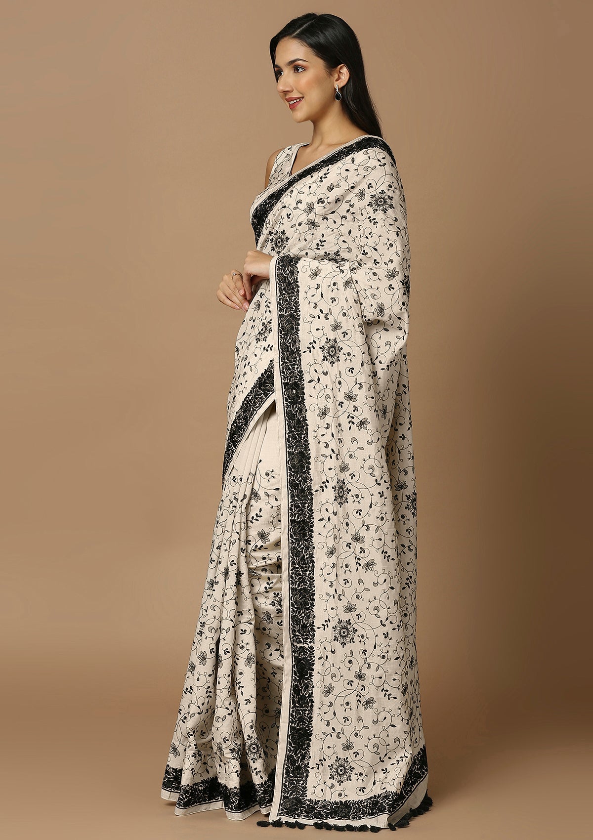Off White & Black Embroidered Saree