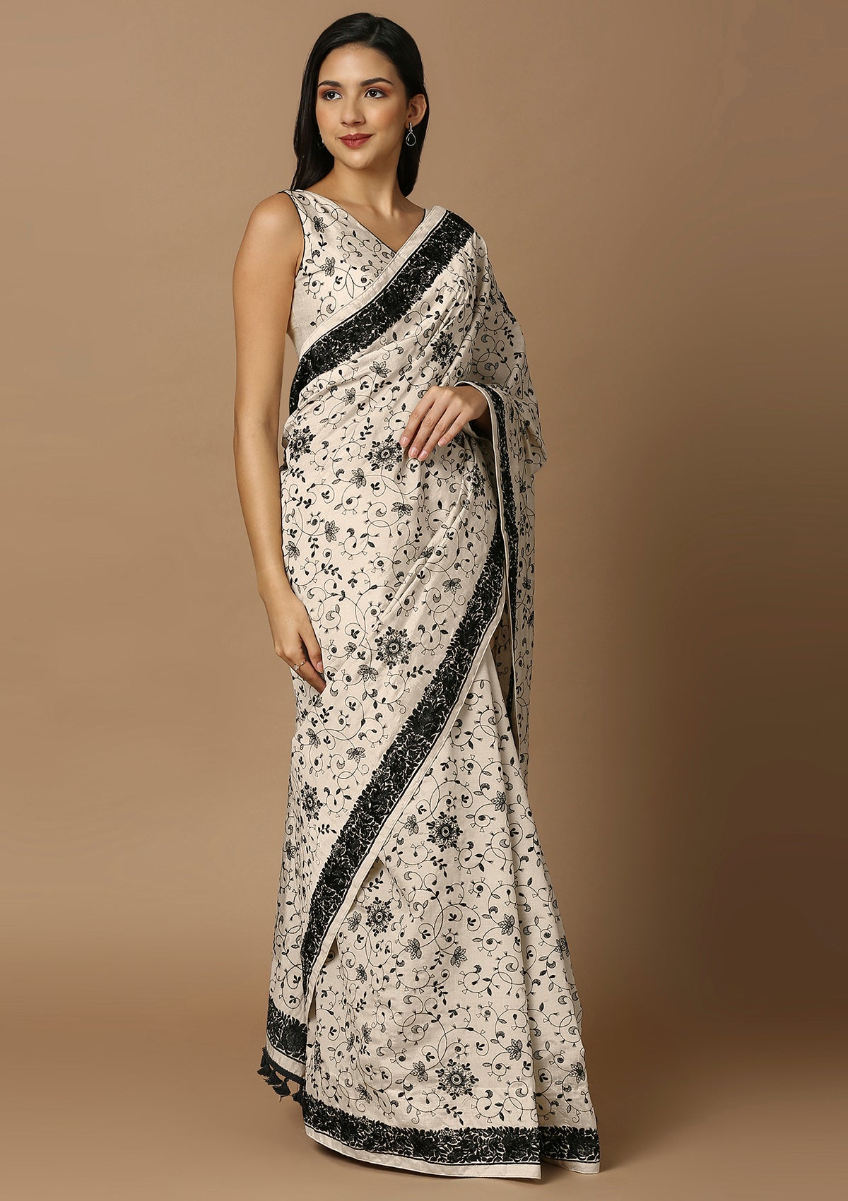 Off White & Black Embroidered Saree