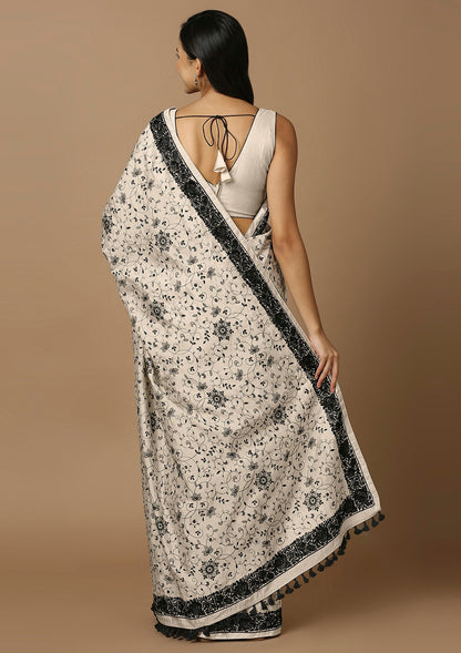 Off White & Black Embroidered Saree