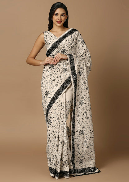 Off White & Black Embroidered Saree