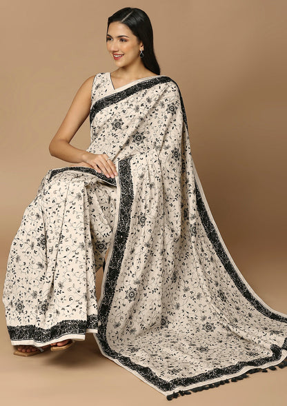 Off White & Black Embroidered Saree