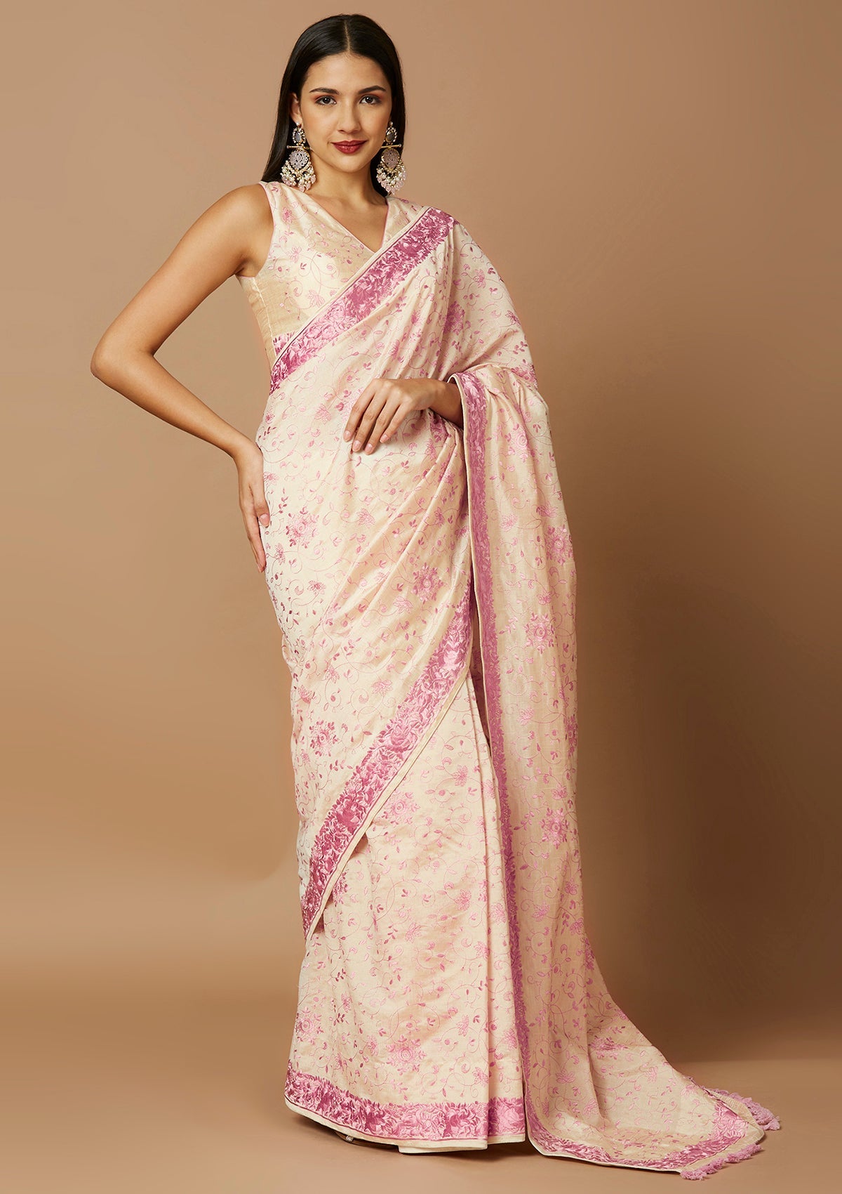 Off White & Pink Embroidered Saree