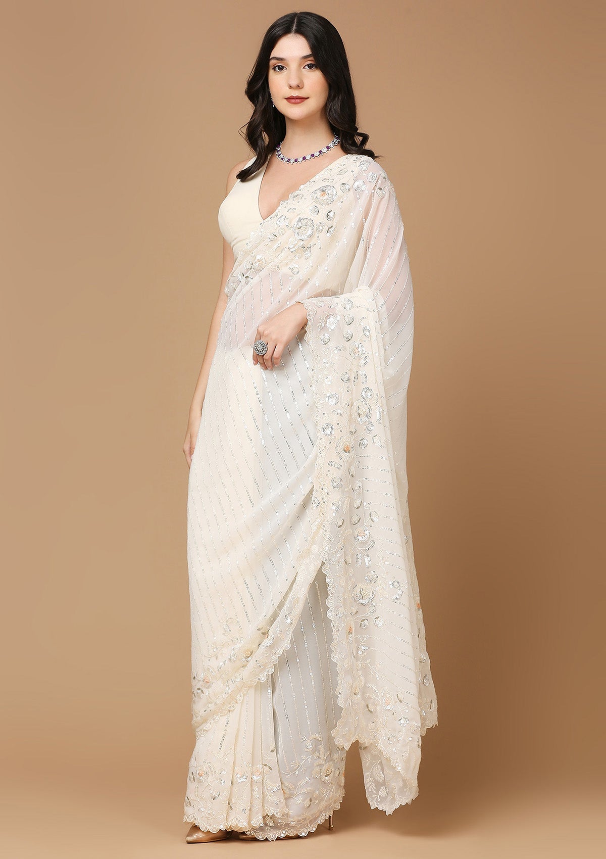 Cream Embellished Saree