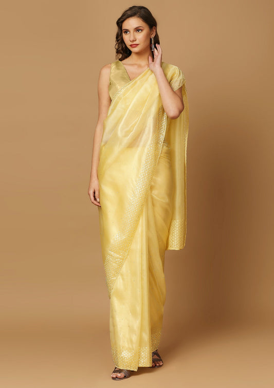 Yellow Organza Embellished Saree