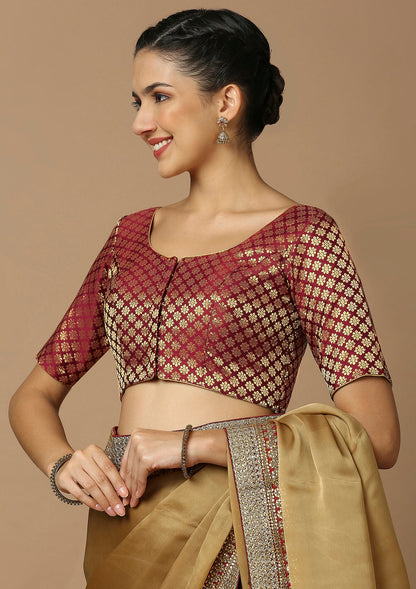 Maroon Brocade Round Neck Readymade Blouse