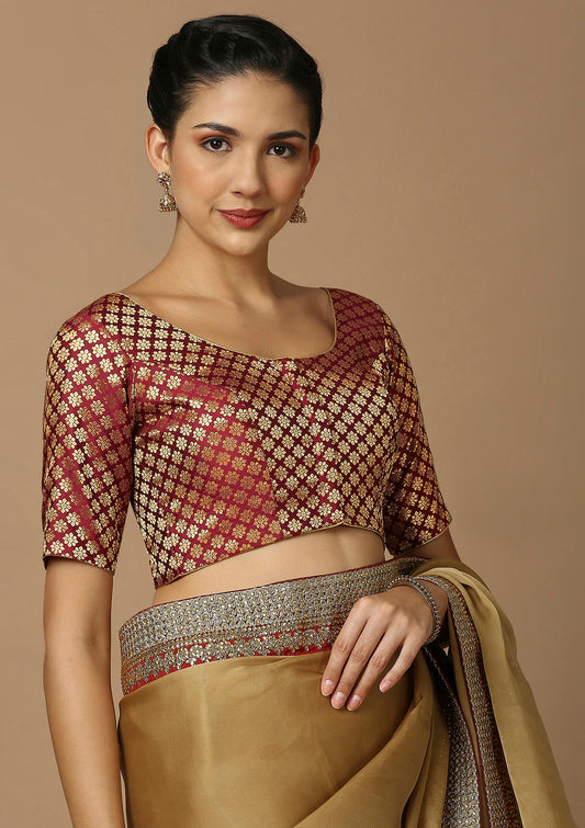 Maroon Brocade Round Neck Readymade Blouse