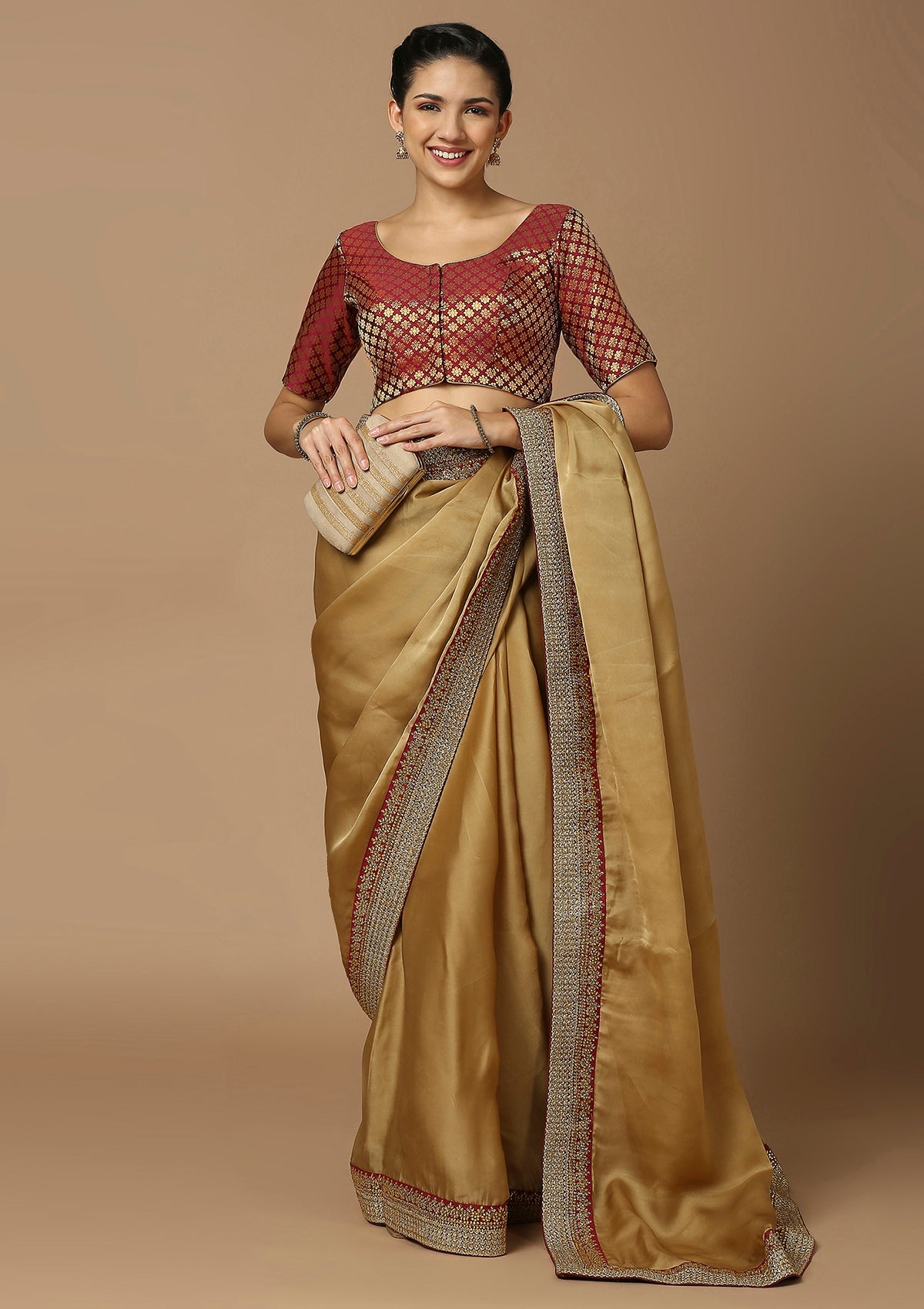 Maroon Mulberry Silk Self Design Readymade Saree Blouse - Om Clothing -  3667409