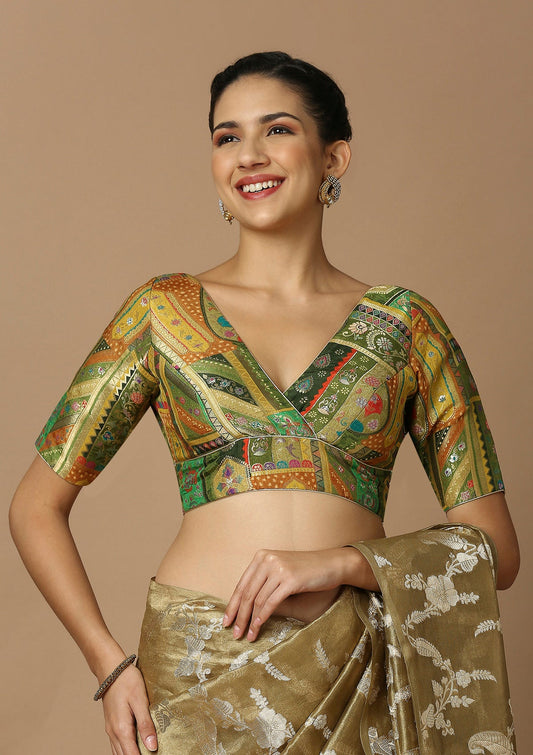 Green Multicolor Brocade V Neck Readymade Blouse