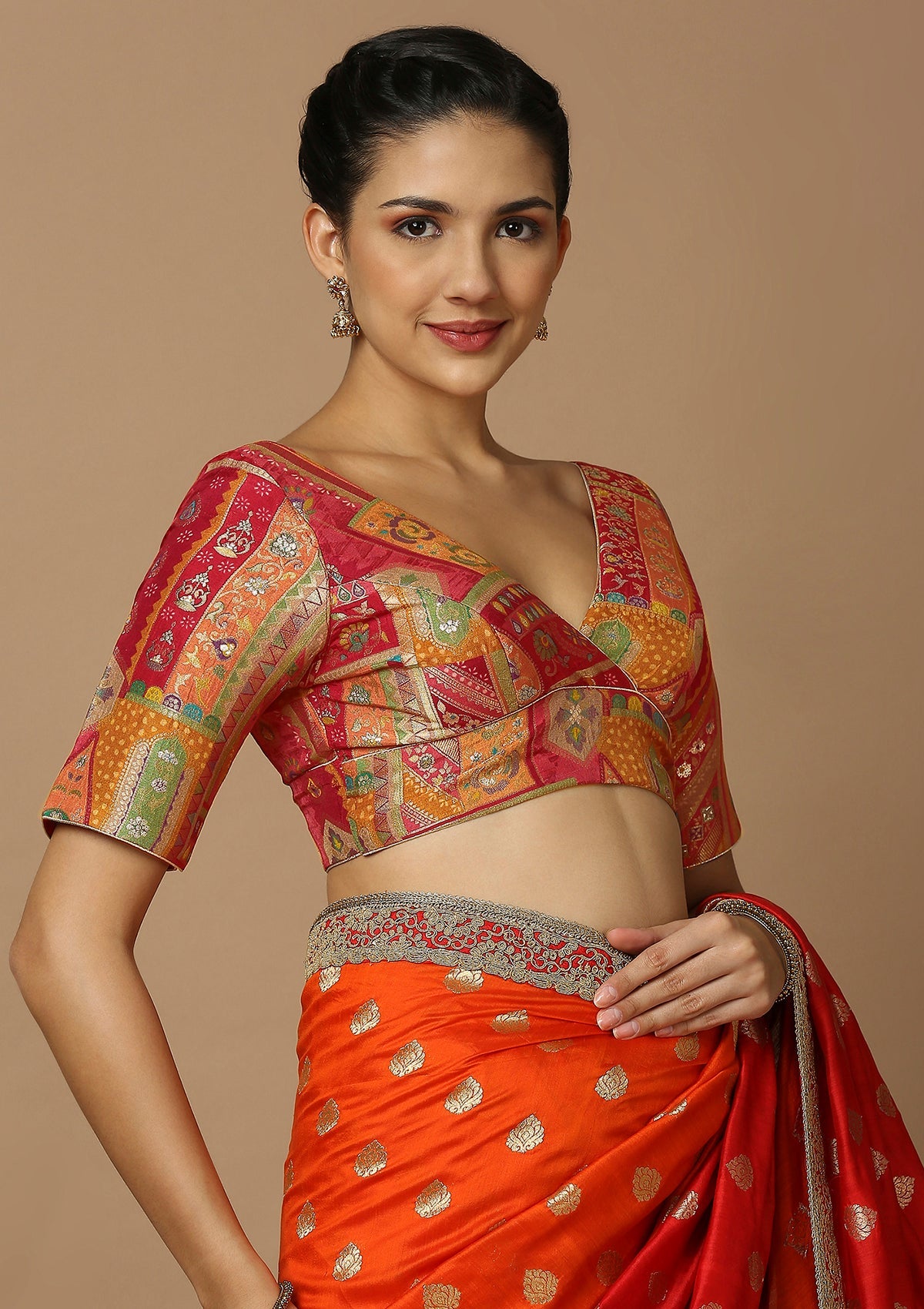 Popular Red Tussar Silk Designer Work Elbow Length Saree Blouse