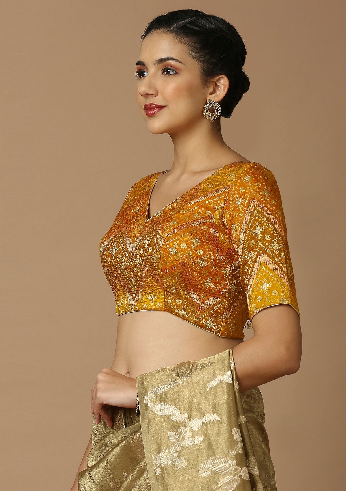 Mustard Brocade V Neck Readymade Blouse