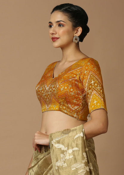 Mustard Brocade V Neck Readymade Blouse