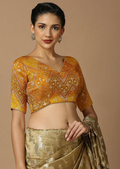 Mustard Brocade V Neck Readymade Blouse