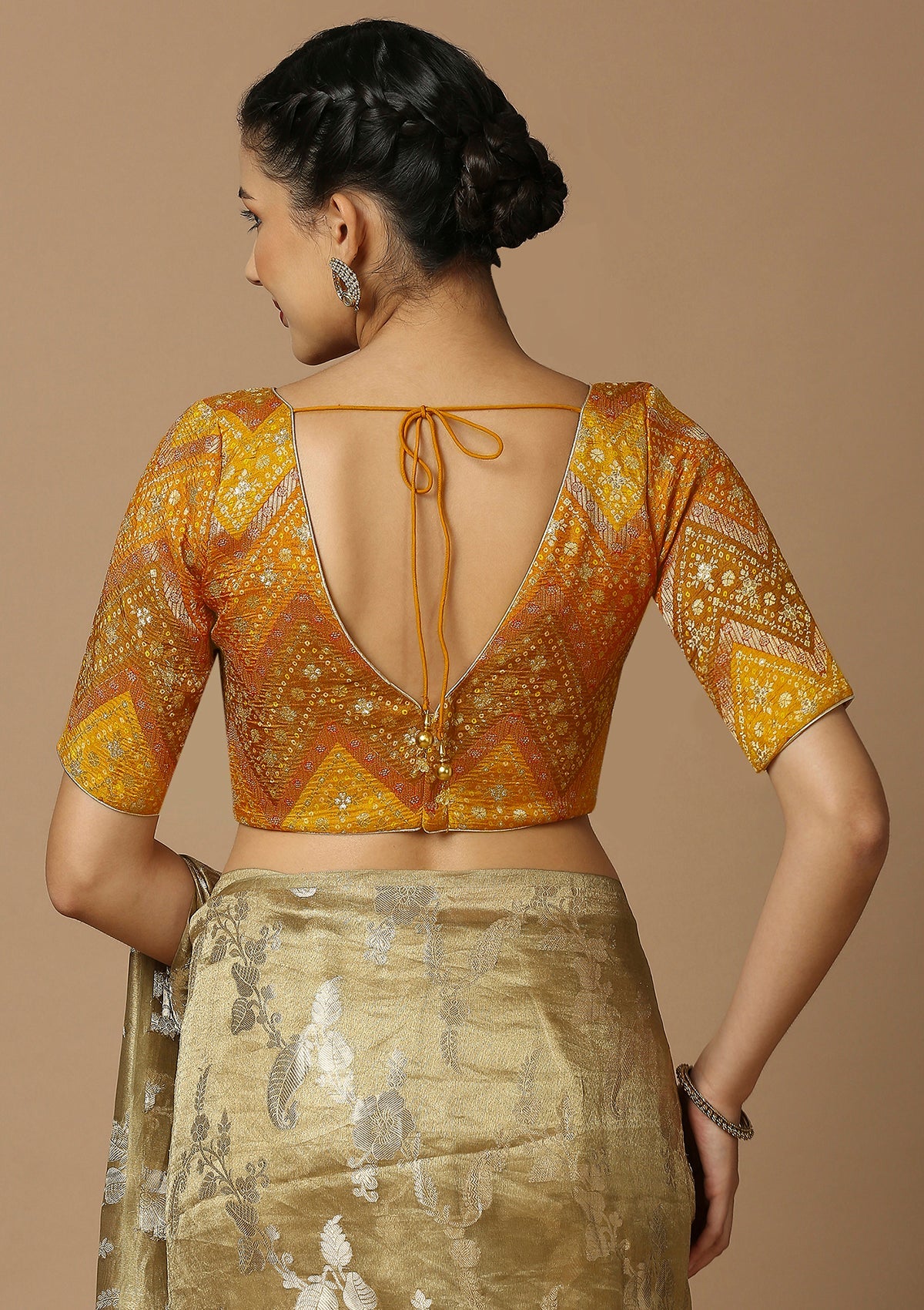 Mustard Brocade V Neck Readymade Blouse