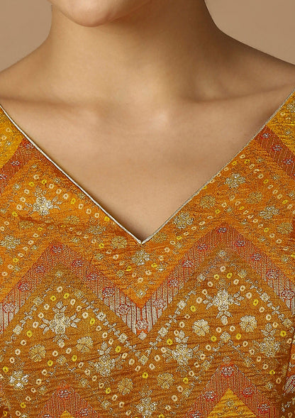 Mustard Brocade V Neck Readymade Blouse