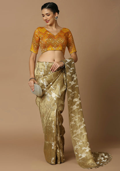 Mustard Brocade V Neck Readymade Blouse