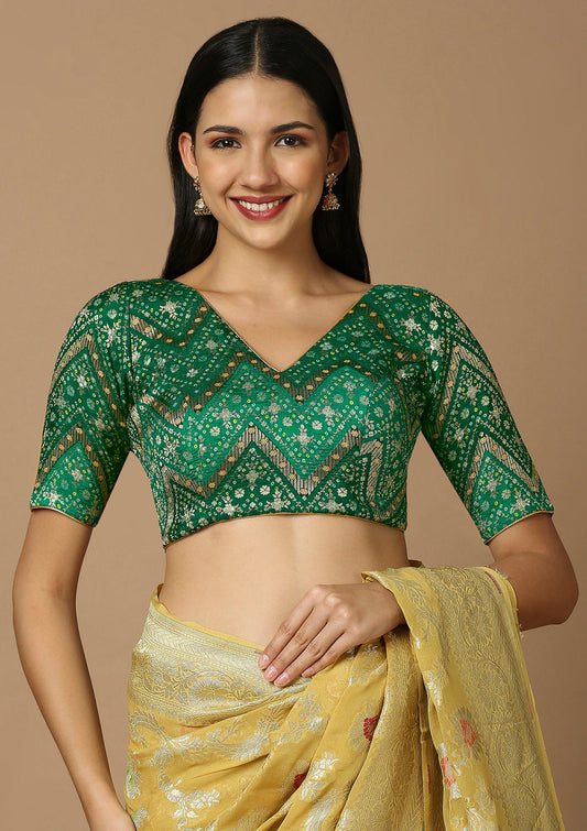 Green Brocade V Neck Readymade Blouse