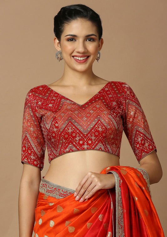 Red Brocade V Neck Readymade Blouse With Elbow Length Sleeve