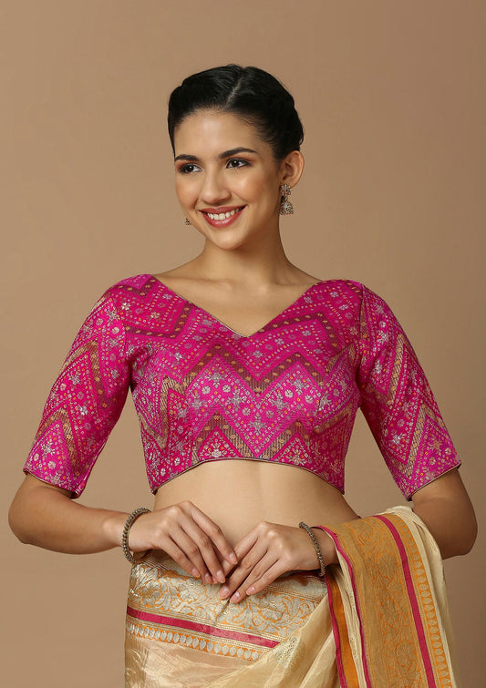 Pink Brocade V Neck Readymade Blouse