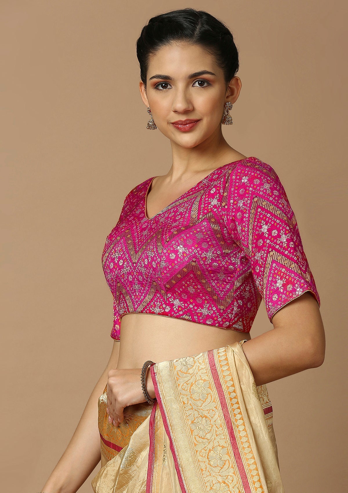 Pink Brocade V Neck Readymade Blouse