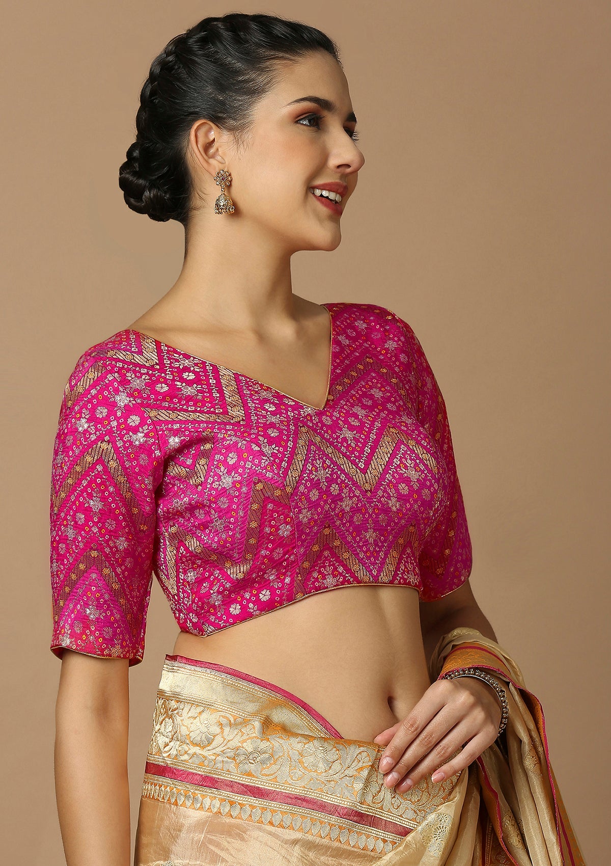 Pink Brocade V Neck Readymade Blouse