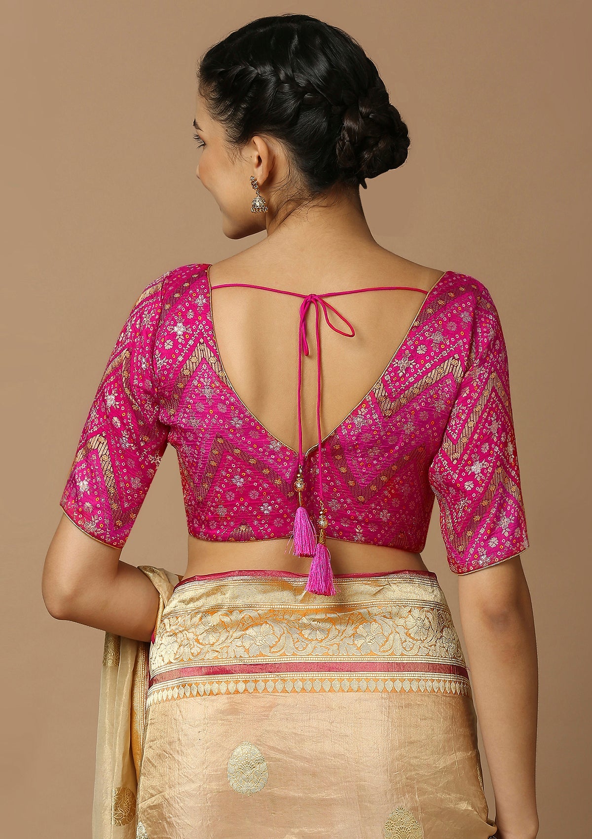 Pink Brocade V Neck Readymade Blouse