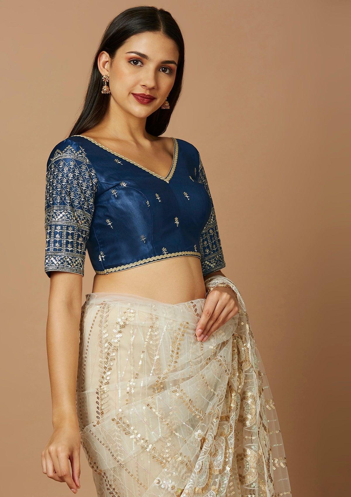Navy Blue Embroidered Saree Blouse