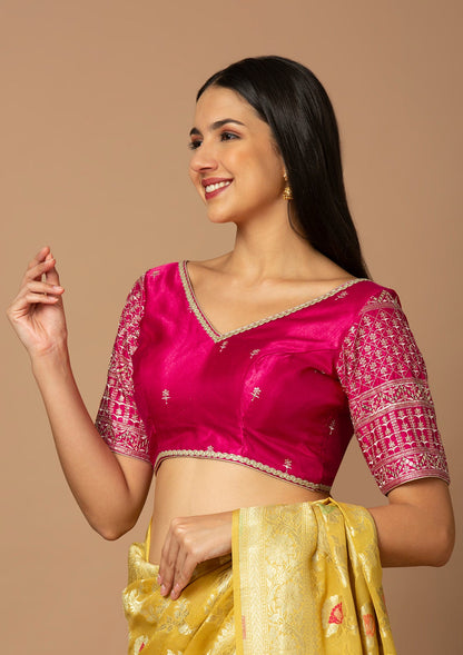 Pink Silk V Neck Readymade Blouse