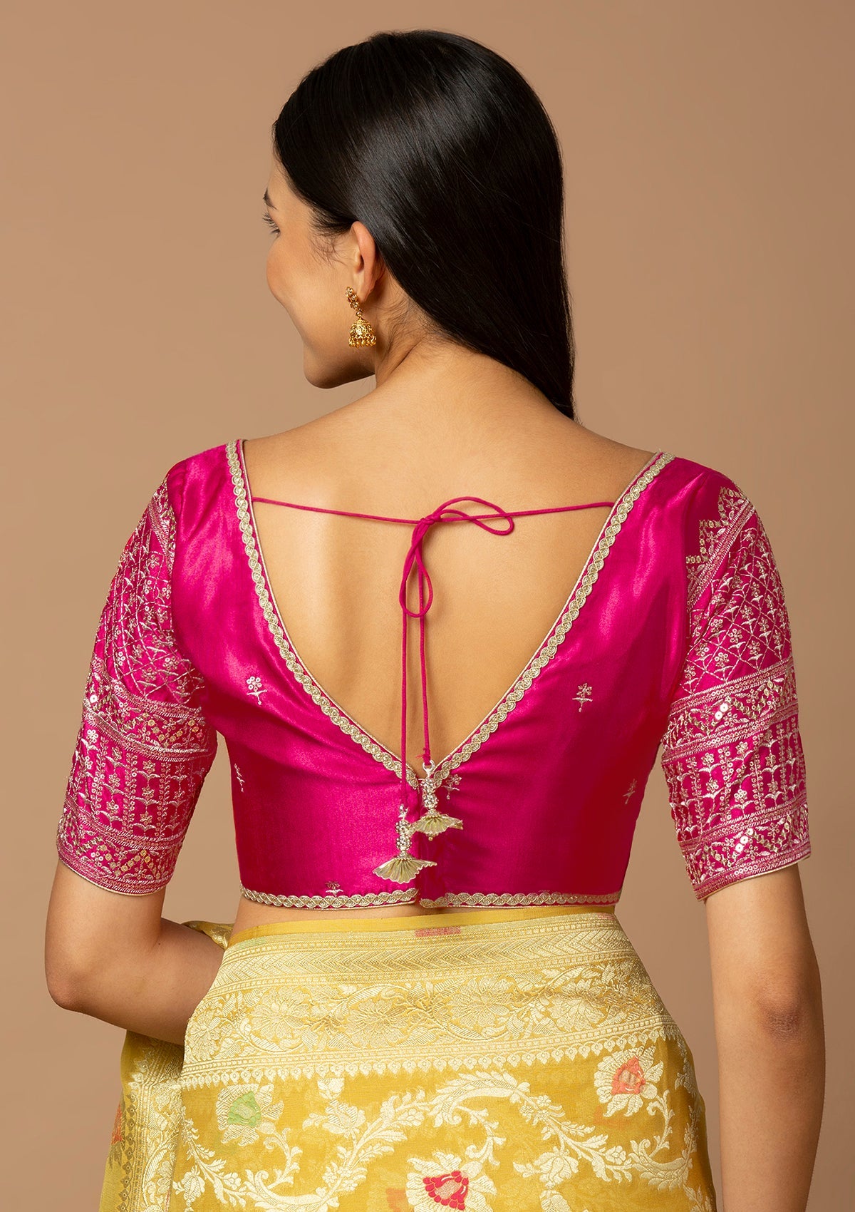 Pink Silk V Neck Readymade Blouse